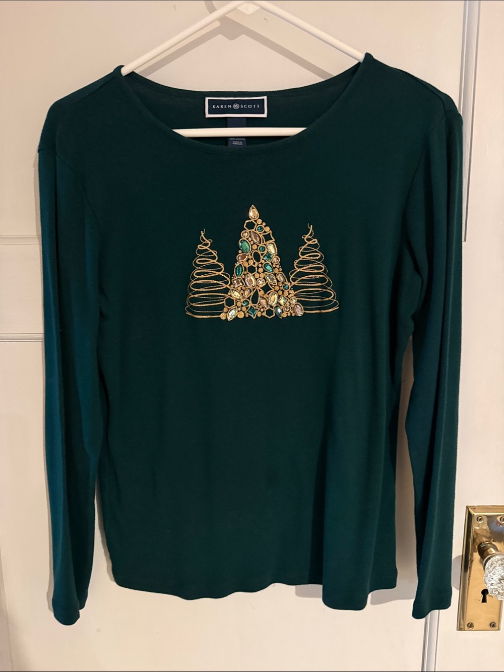 Karen Scott Emerald Green Embellished Long-Sleeve Top